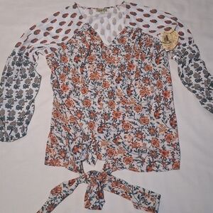ONE WORLD Floral Print Blouse with Tie Detail